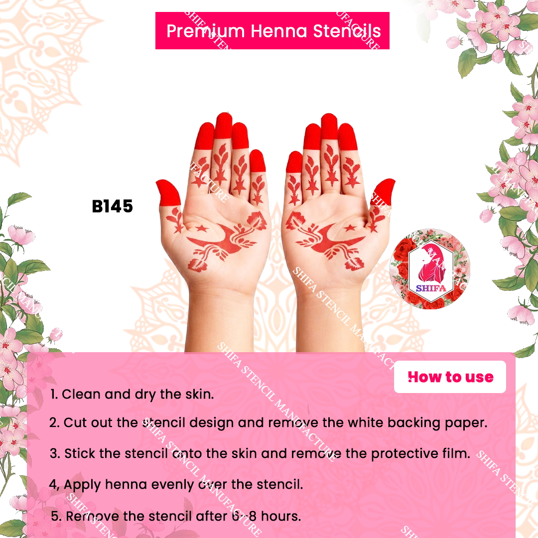 B145 (age 5 to 10) Feathered Crescent Bloom Double Hand Henna Stencil